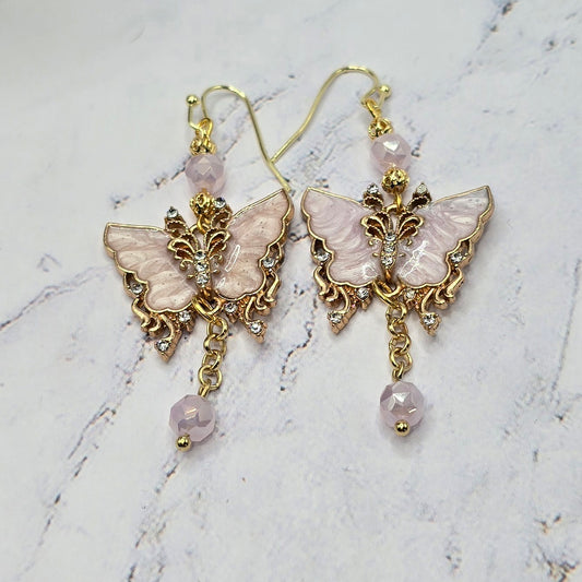 Pink and Gold Butterfly Dangle Earrings